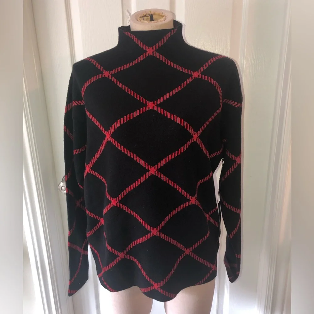 Tahari Black and Red Geometric Turtleneck Sweater - Picture 1 of 8